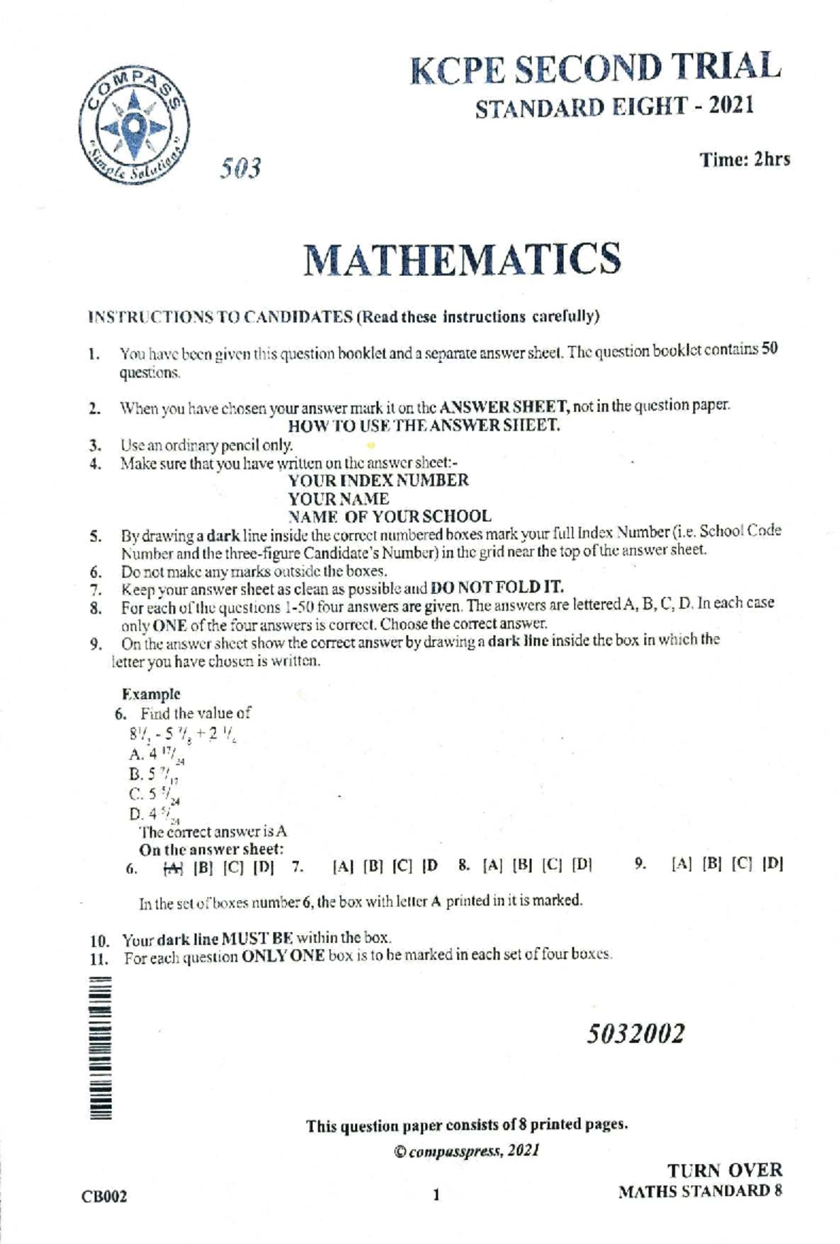 KCPE 2022 Trial Mathematics Paper - Standard 8 - Studocu