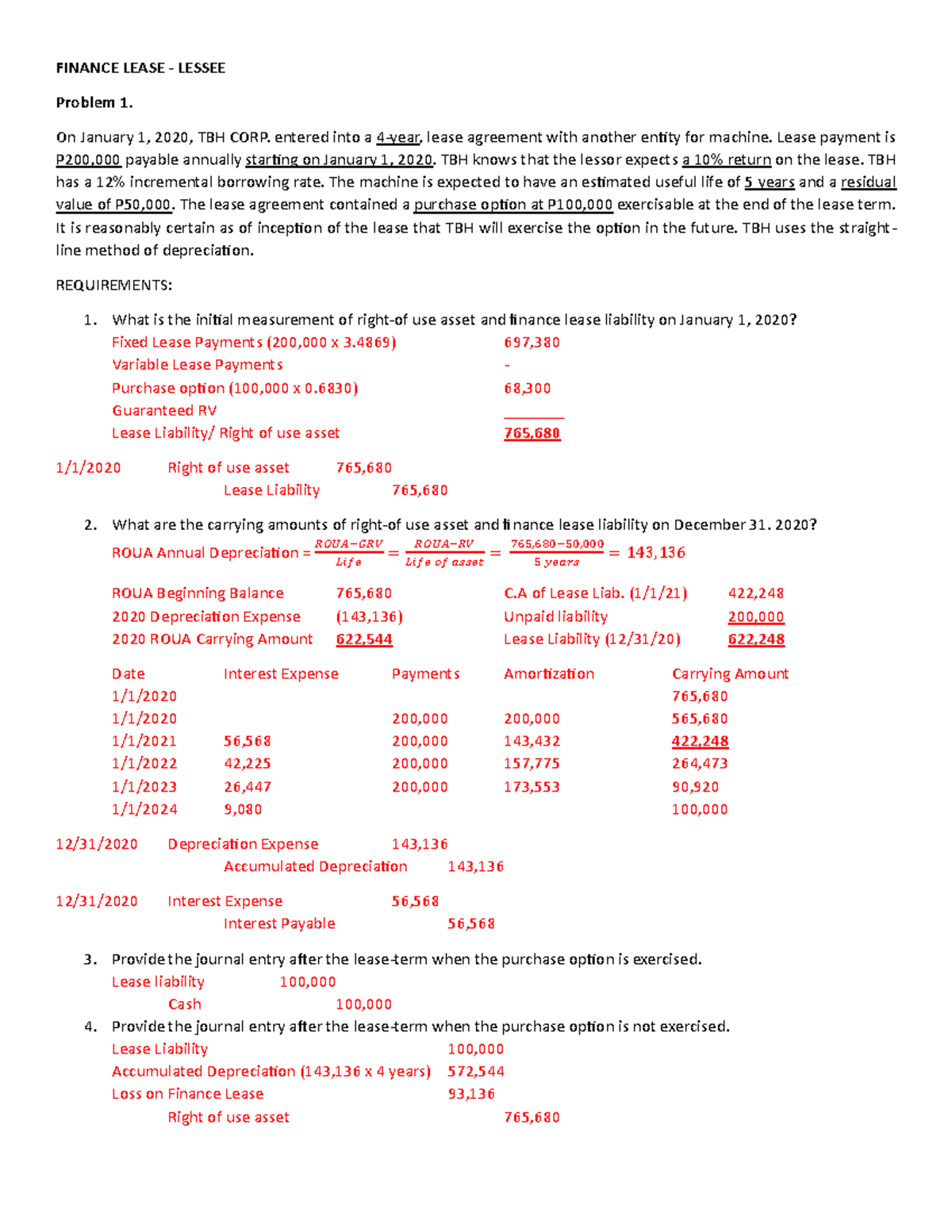 Finance Lease Problems: Analysis & Journal Entries (FIN 101) - Studocu