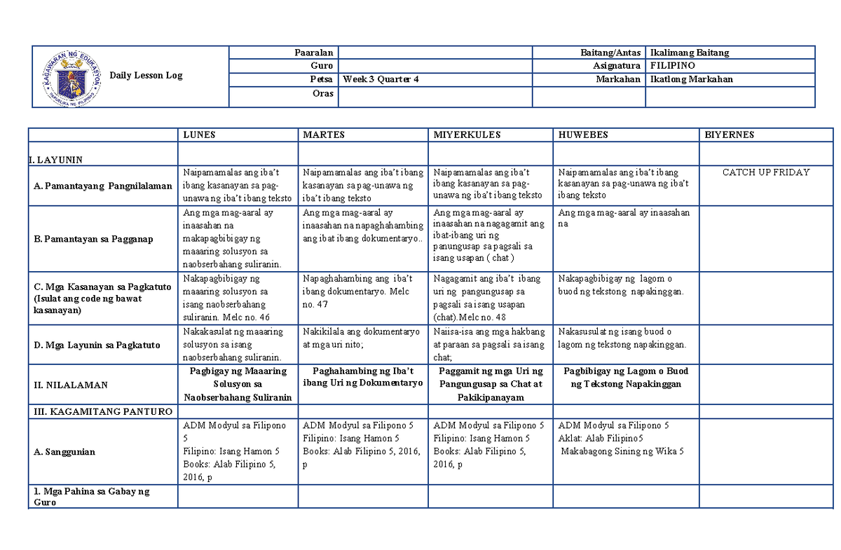 WEEK 3 DLL Q4 Filipino 5 - Daily Lesson Log Paaralan Baitang/Antas ...