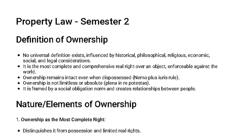 Property Law Semester 2 Study Guide: Ownership Concepts & Limitations ...