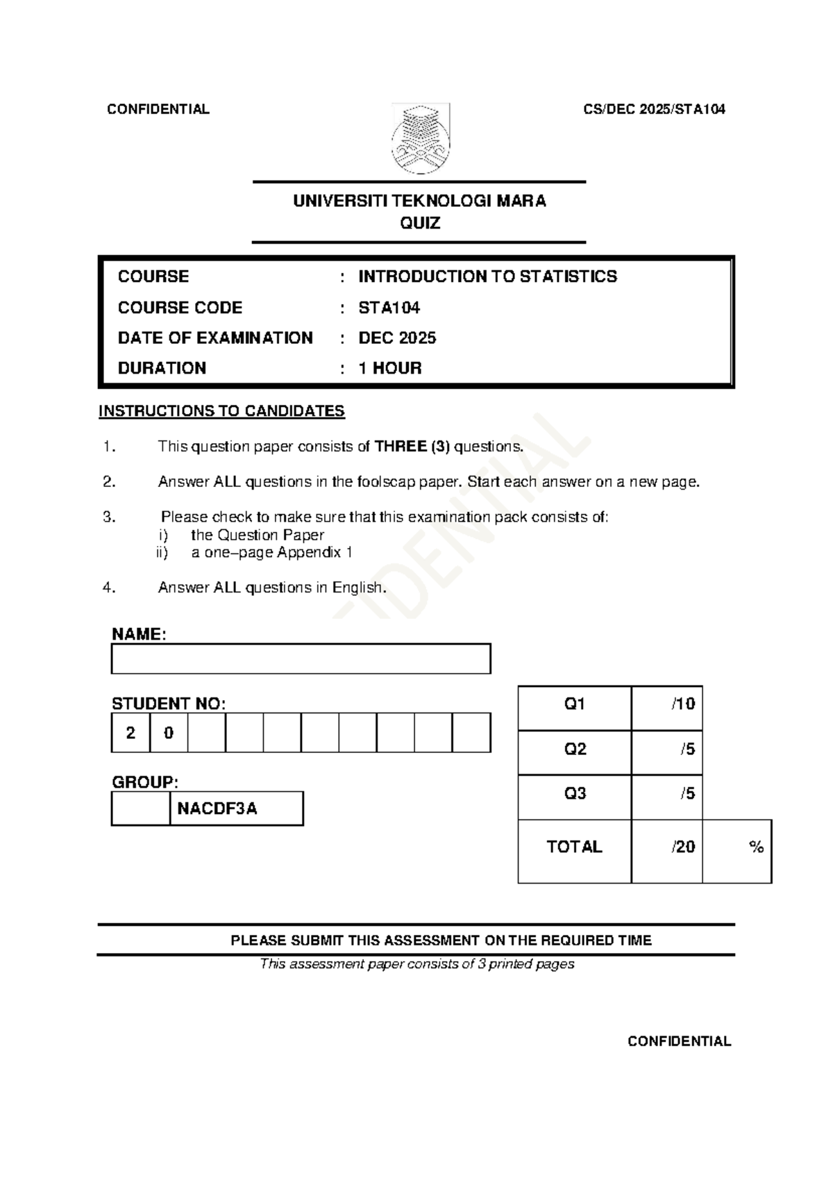 STA104 Quiz: Introduction to Statistics - December 2025 - Studocu