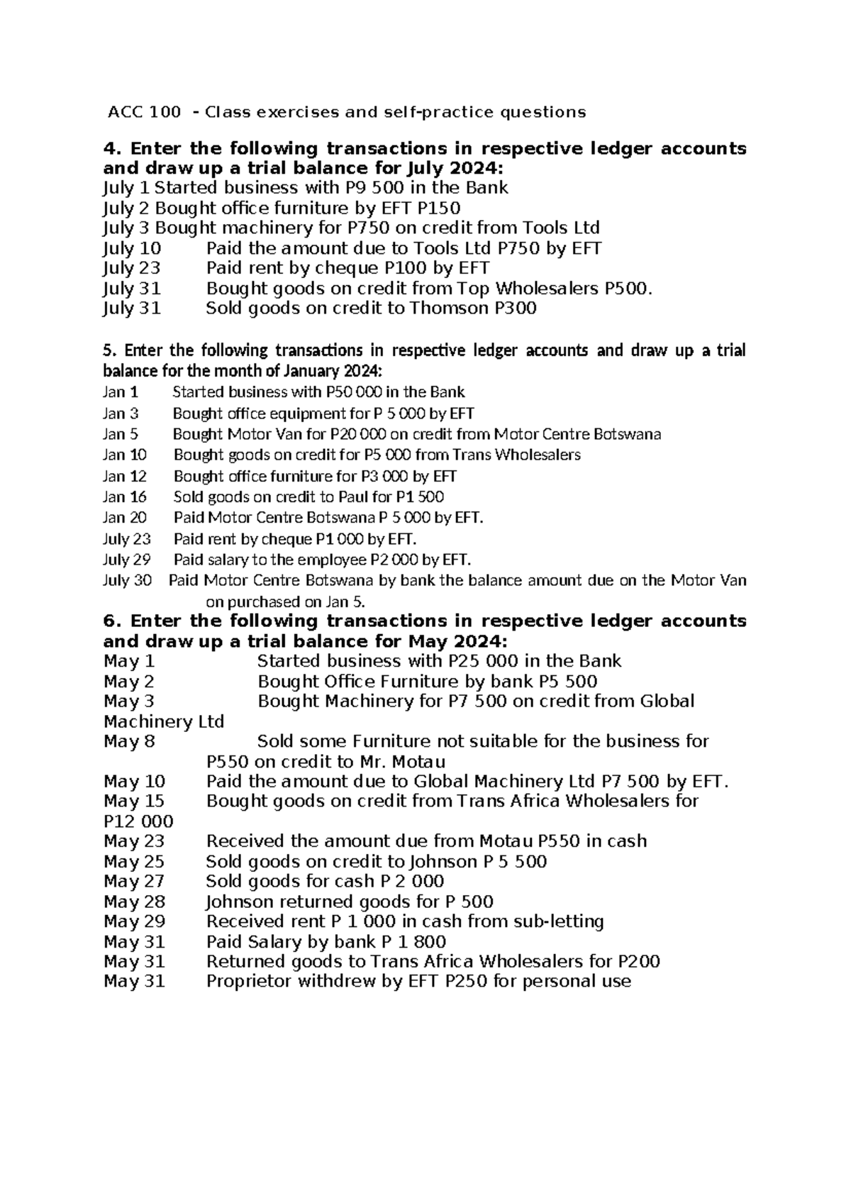 ACC 100 Class exercises and trial balance preparation for 2024 - Studocu