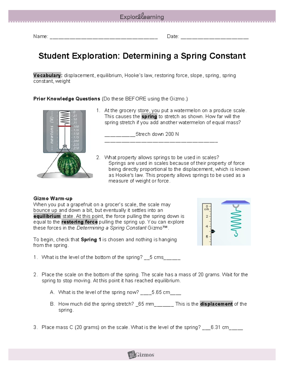 Determining a Spring Constan - Name ...