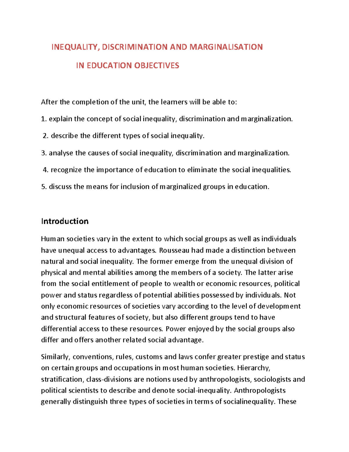 Inequality, Discrimination & Marginalisation in Education: A Study ...