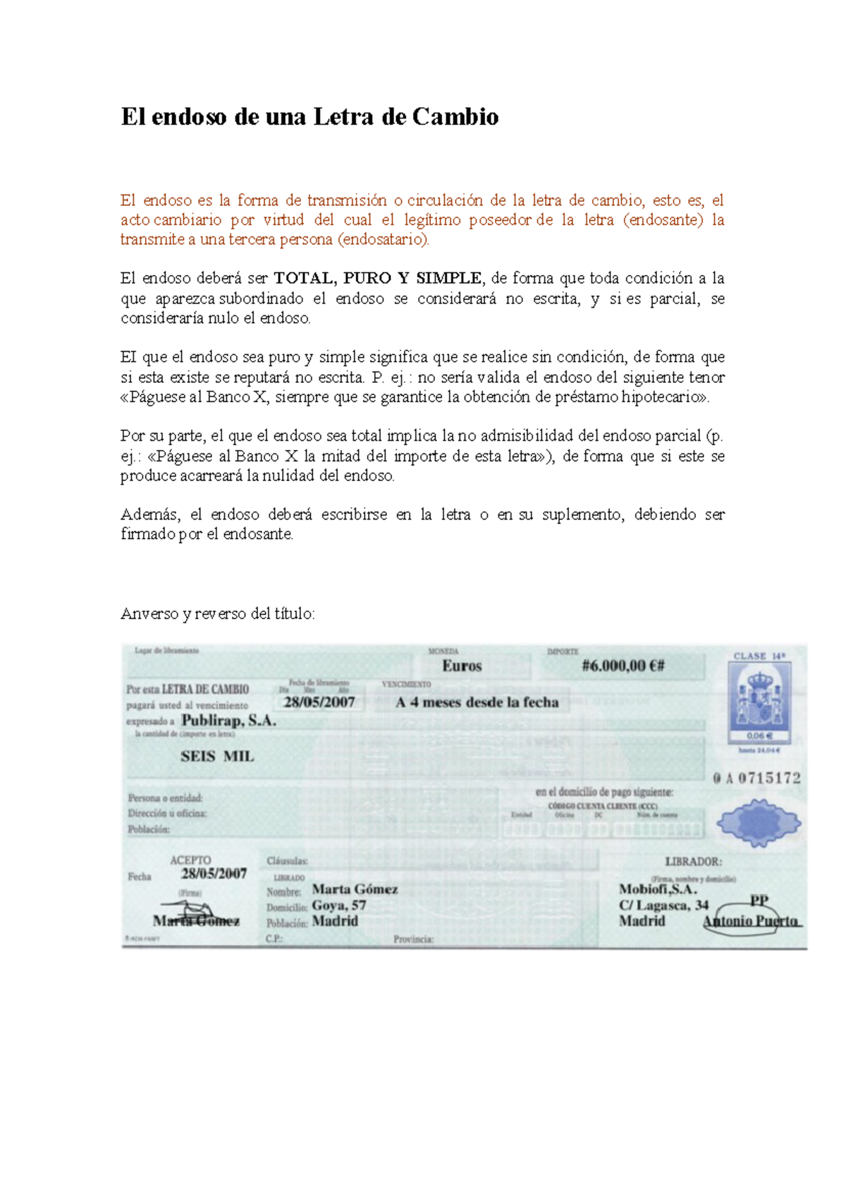 TEMA 3.3 endoso - El endoso de una Letra de Cambio El endoso es la ...