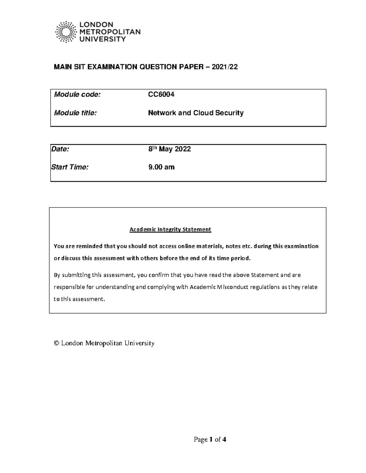 CC6004ES Network & Cloud Security Exam Paper – May 2022 - Studocu