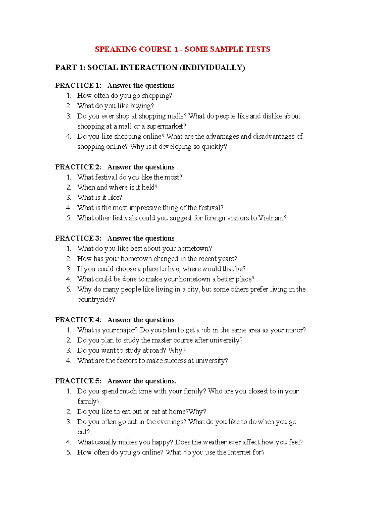 Speaking Course 1 - Sample Tests and Social Interaction Practice - Studocu