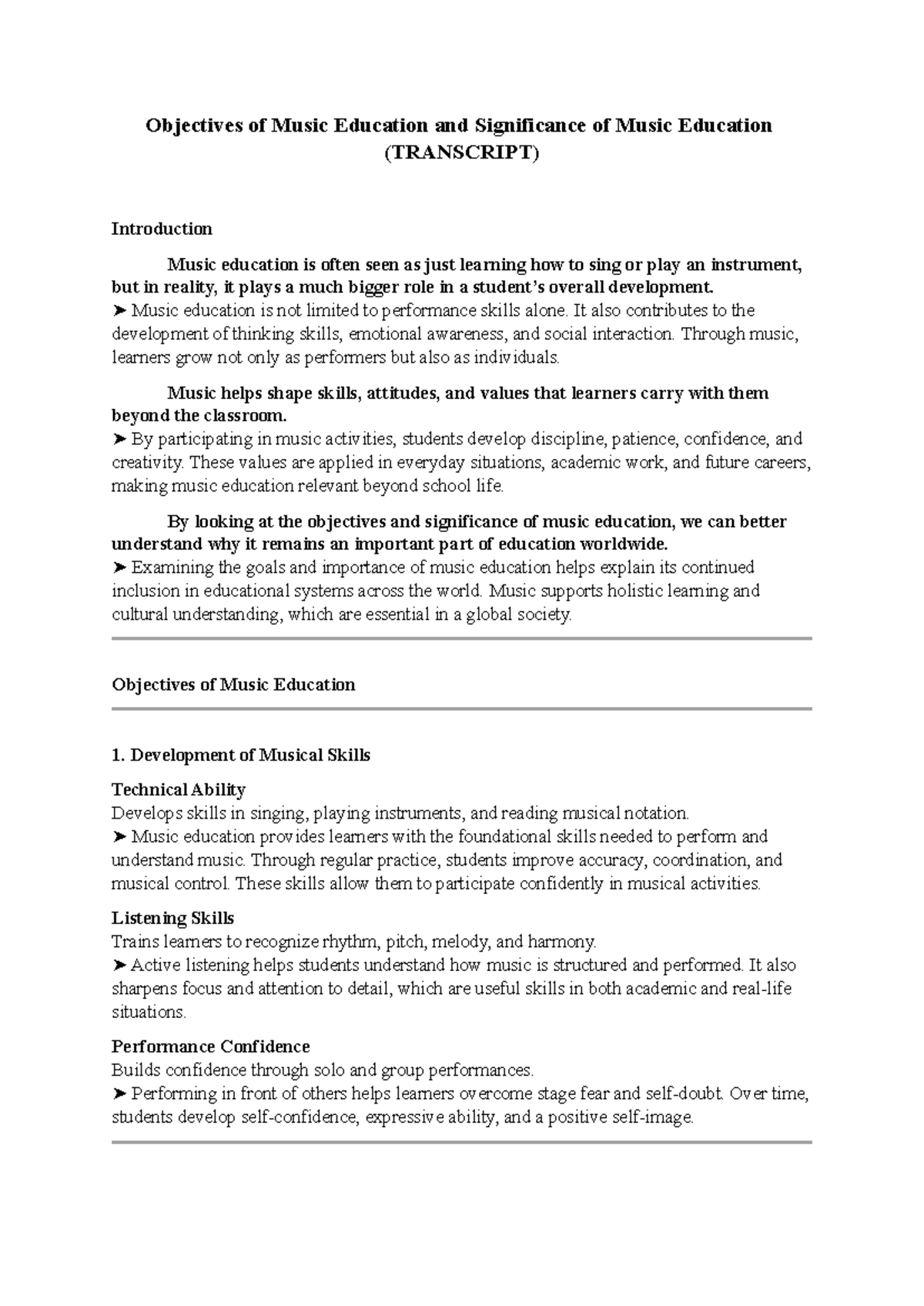 Objectives and Significance of Music Education (TRANSCRIPT) - Studocu