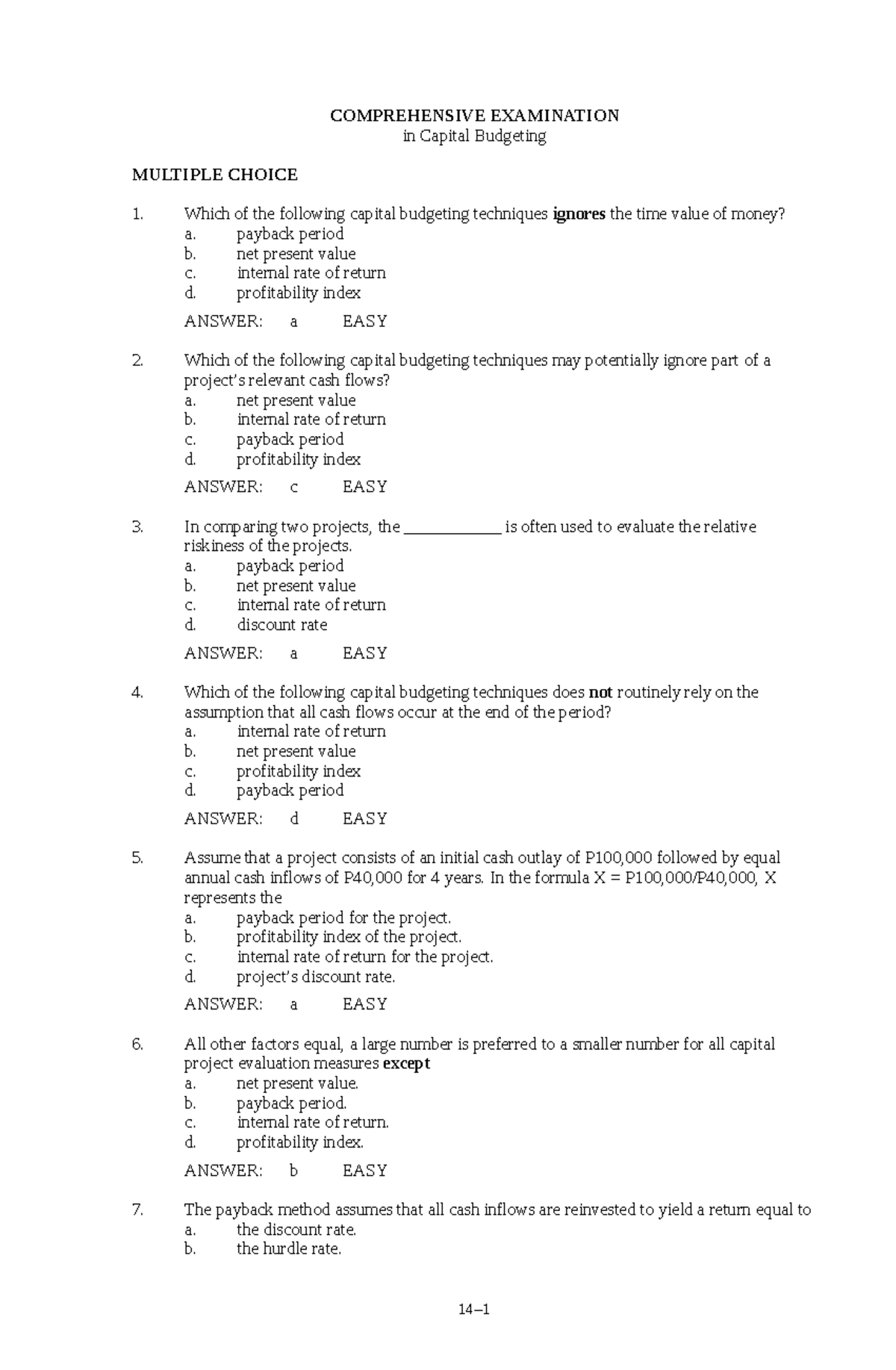 Capital Budgeting QUIZ Answers – Comprehensive Review (Prof. Ramelo C ...