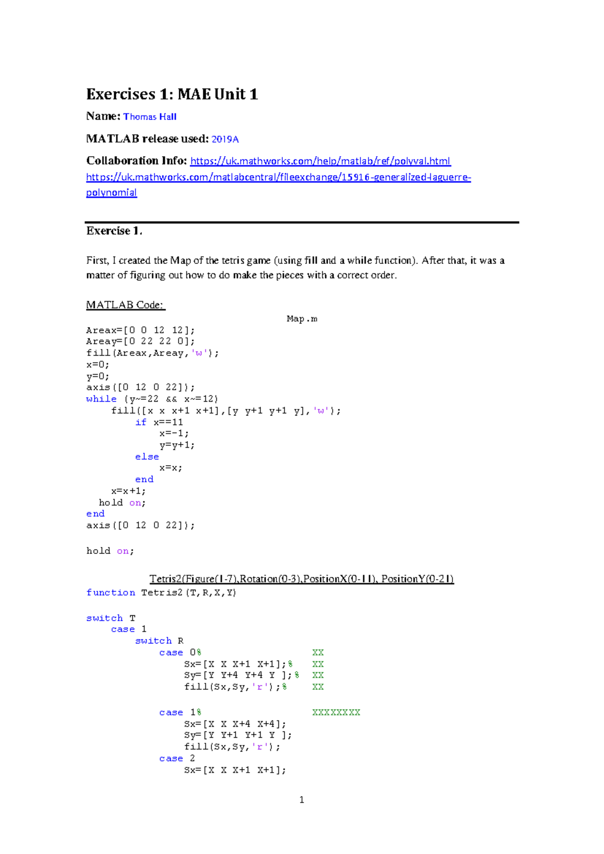 MATLAB Exercises 1 & 3 Solutions for MAE Unit 1 - Document Preview