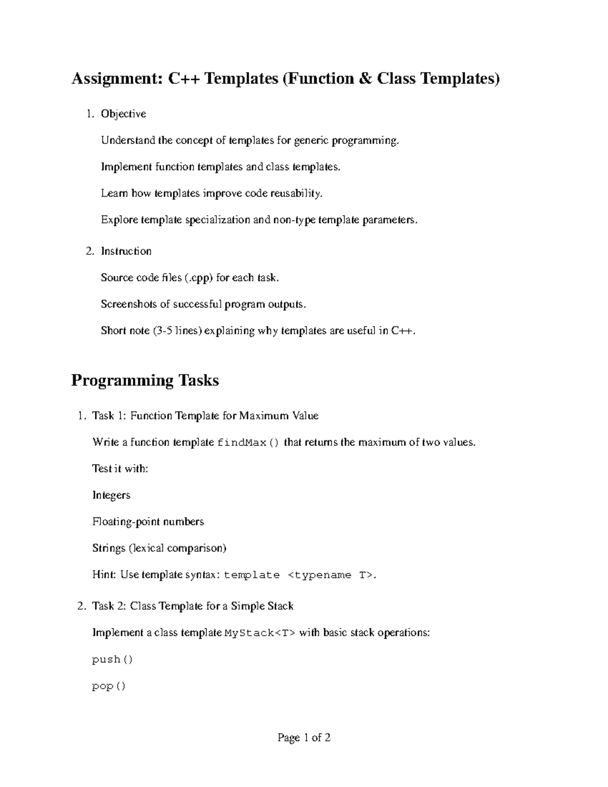 Assignment 9: Function & Class Templates Overview - Studocu