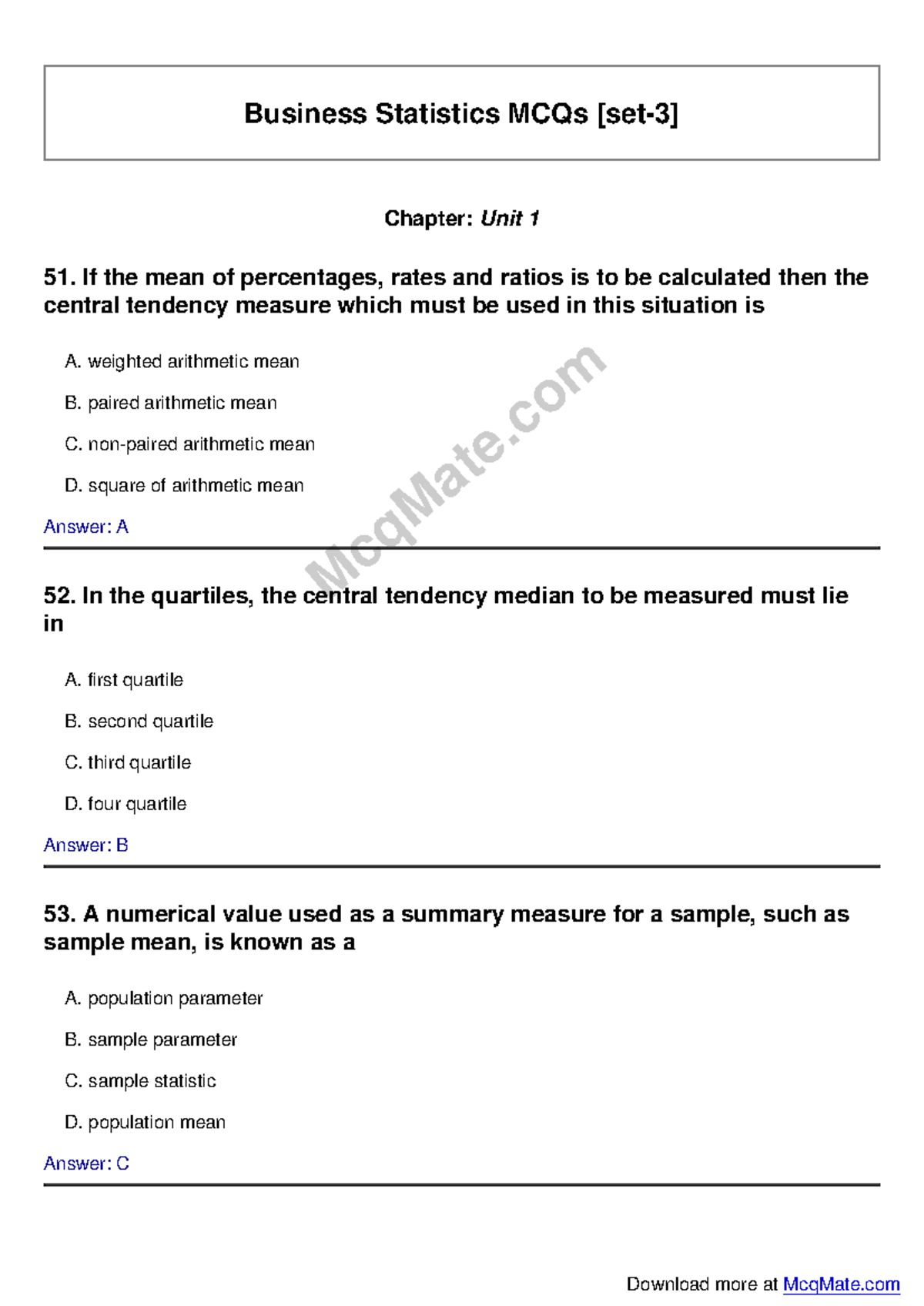 Business Statistics MCQs Solved - Set 3 for Review - Studocu