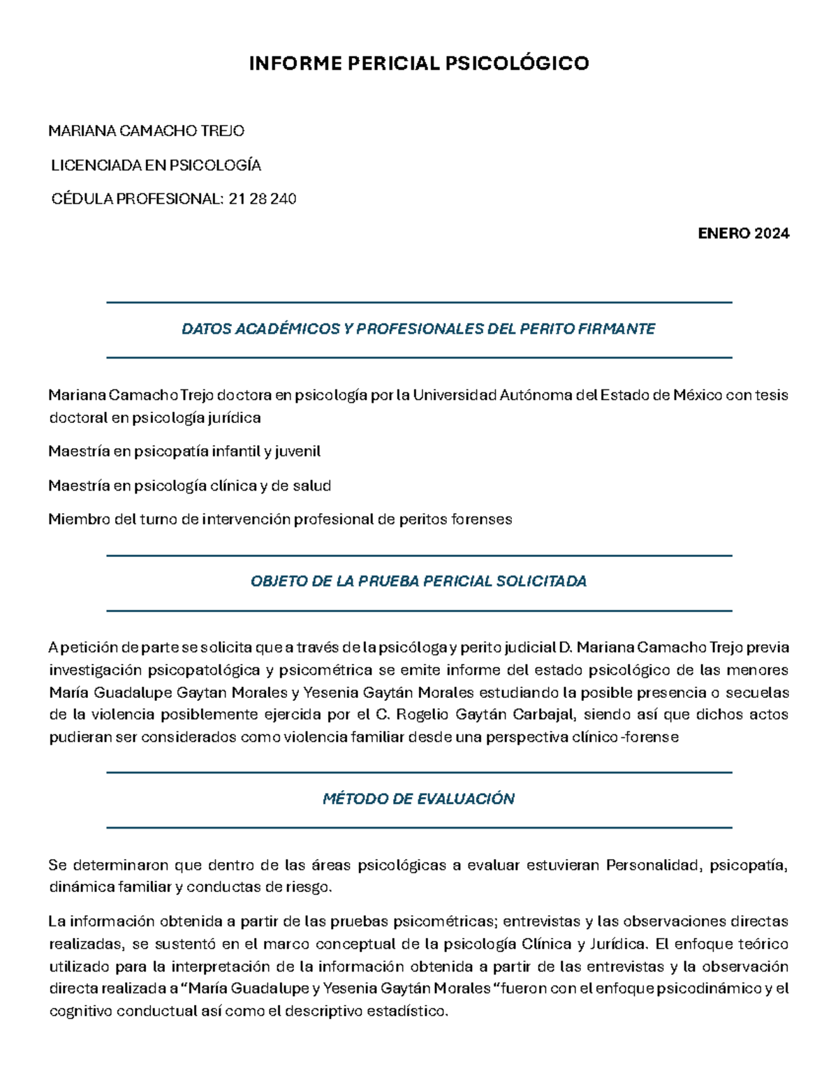Informe Pericial Psicológico de Menores: María y Yesenia Gaytán - Document Preview