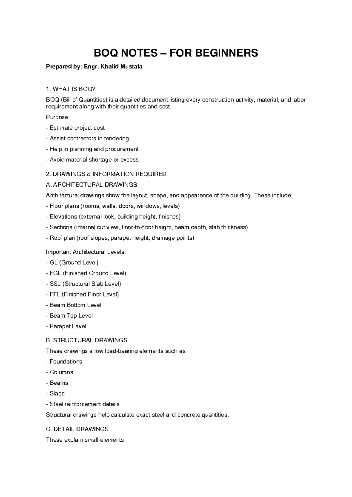 BOQ Notes for Beginners: Understanding Bill of Quantities - Studocu