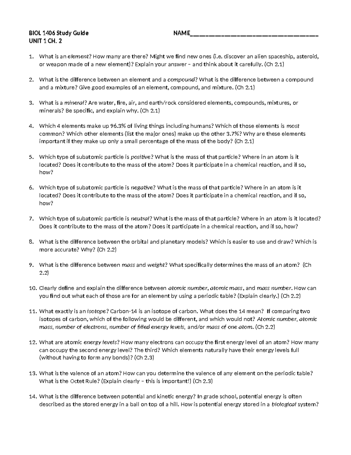 BIOL 1406 Study Guide: Concepts from Chapter 2 Explained - Studocu