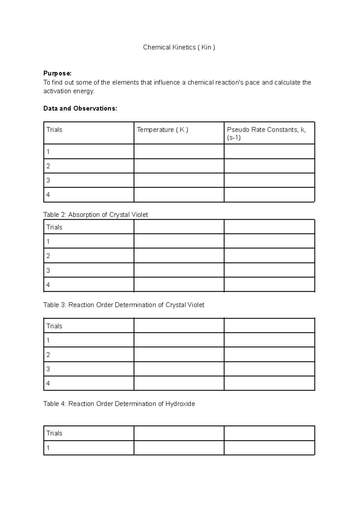 Kin Pre lab - kin pre lab chem 1002 - Chem 1002 - Chemical Kinetics ...