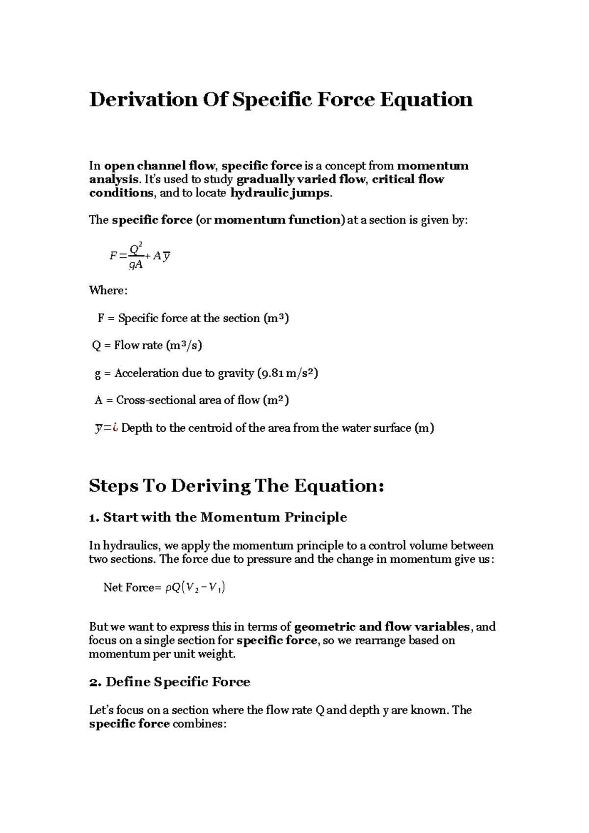 Derivation of Specific Force Equation in Open Channel Flow - Studocu