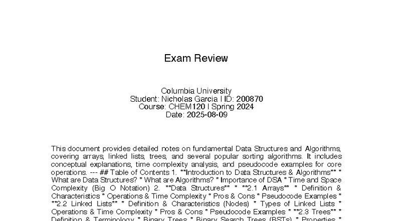 CHEM120 Spring 2024 Exam Review: Data Structures & Algorithms - Studocu