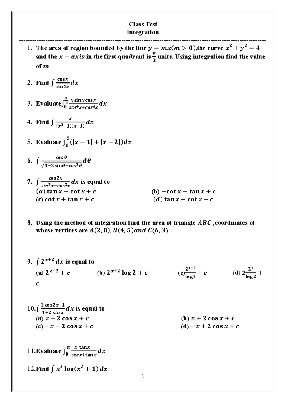 Class XII Class test integration( Maths) 2022-23 - 1 Class Test ...