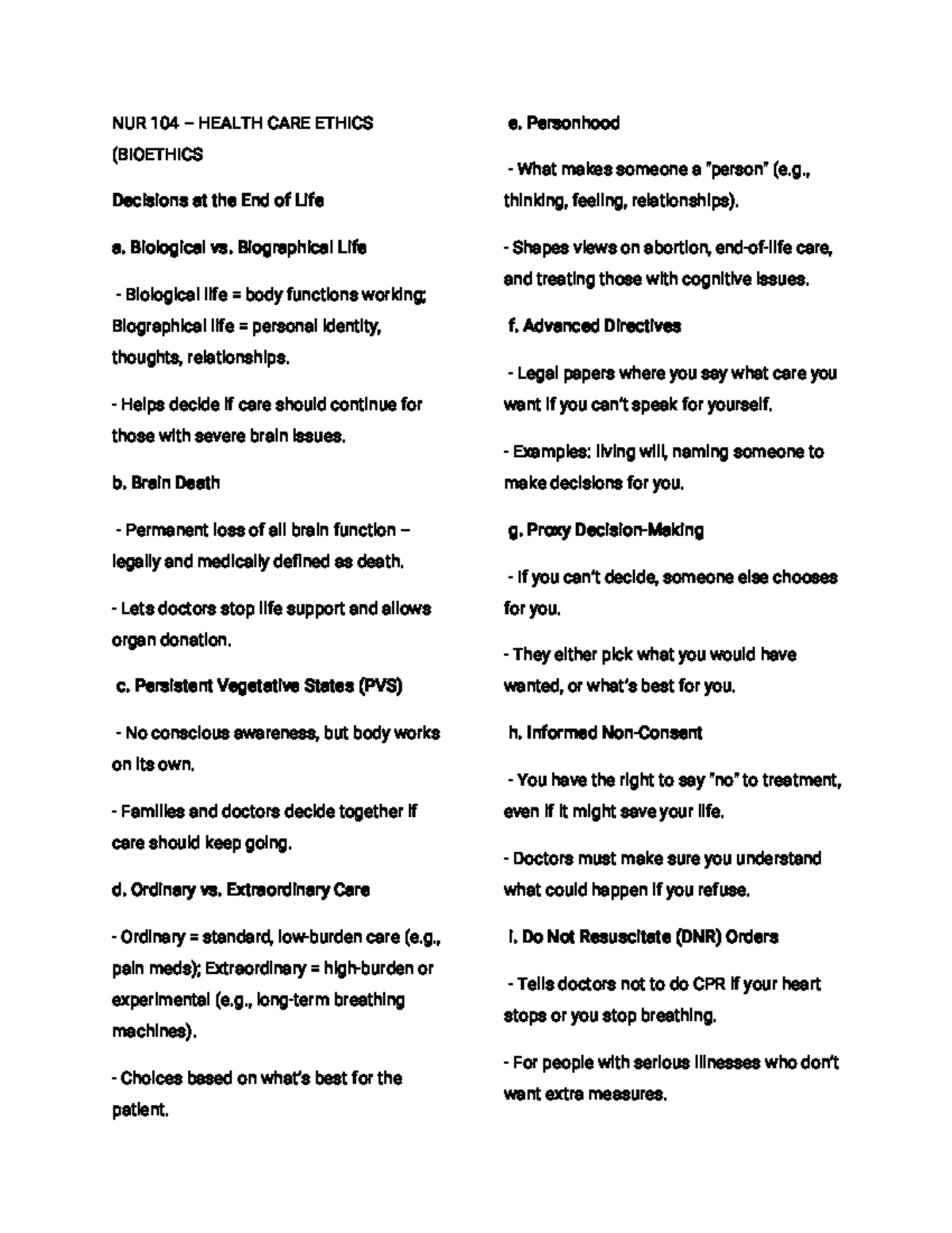 NUR 104 Bioethics Final Exam Study Guide: Key Concepts and Cases - Studocu