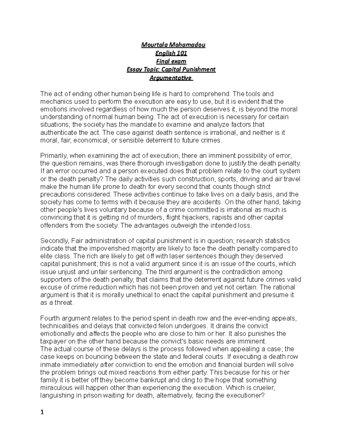 English 101 Final Exam: Arguments on Capital Punishment Essay - Studocu