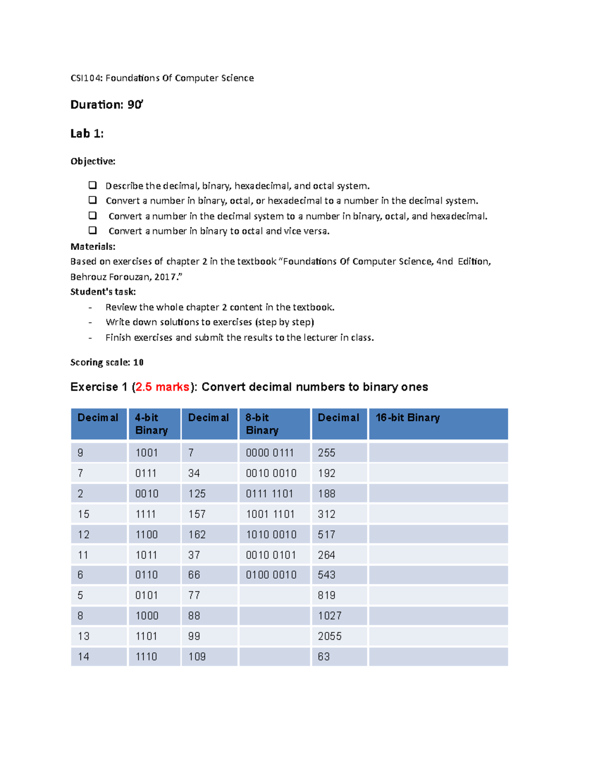 Lab 01 - lab 1 csi - CSI104: Foundations Of Computer Science Duration ...