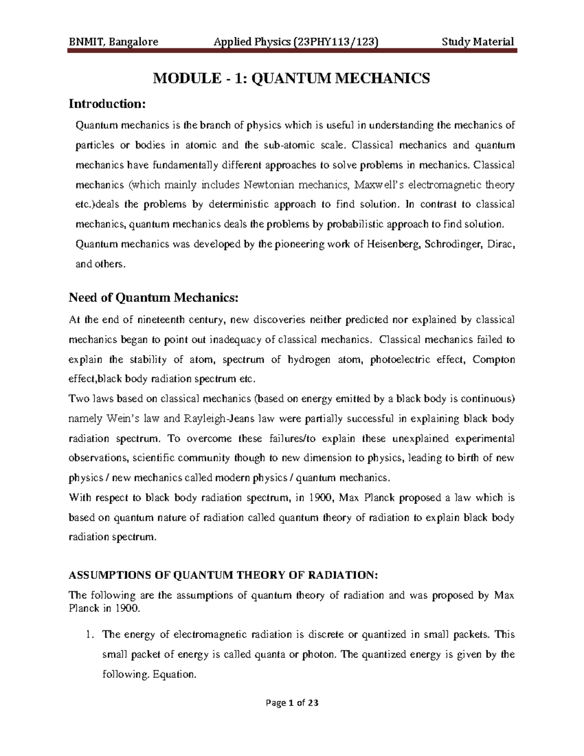 BNMIT Applied Physics Study Material: Module 1 - Quantum Mechanics ...