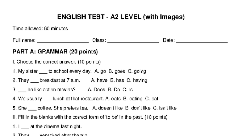 A2 ENGLISH TEST: GRAMMAR & VOCABULARY (with Images) - Studocu