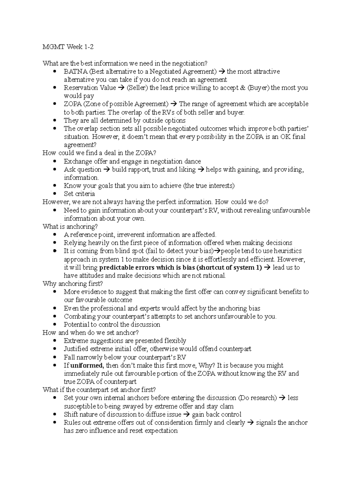 MGMT 3140 Mid-term Study Notes: Key Negotiation Concepts and Strategies ...