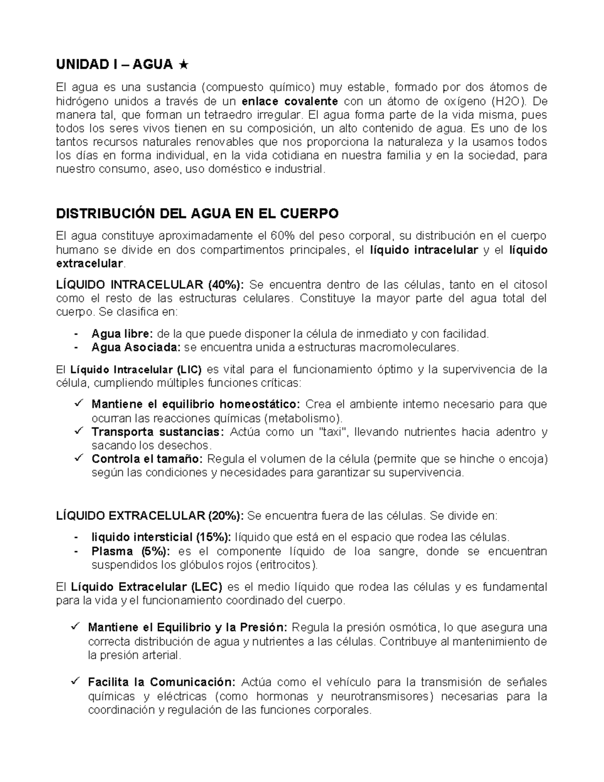 UNIDAD I: AGUA Y SU IMPORTANCIA EN LOS SERES VIVOS - Studocu