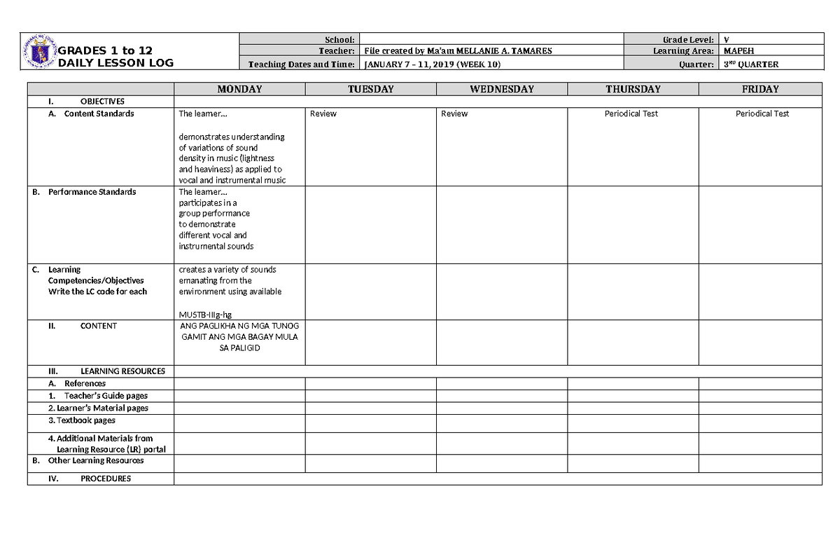 DLL Mapeh 5 Q3 W10 - planets - GRADES 1 to 12 DAILY LESSON LOG School ...
