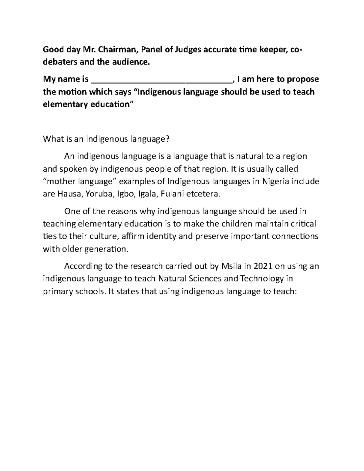 Debate on Indigenous Language Use in Elementary Education - Studocu