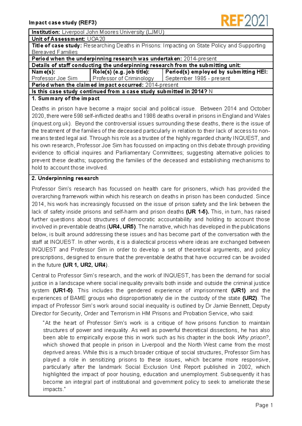 Impact Case Study (REF3): Researching Deaths in Prisons and Policy ...