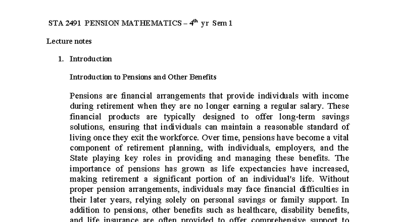 STA 2491 PENSION MATHEMATICS 4th yr Sem 1 Lecture Notes 3: Key Concepts ...