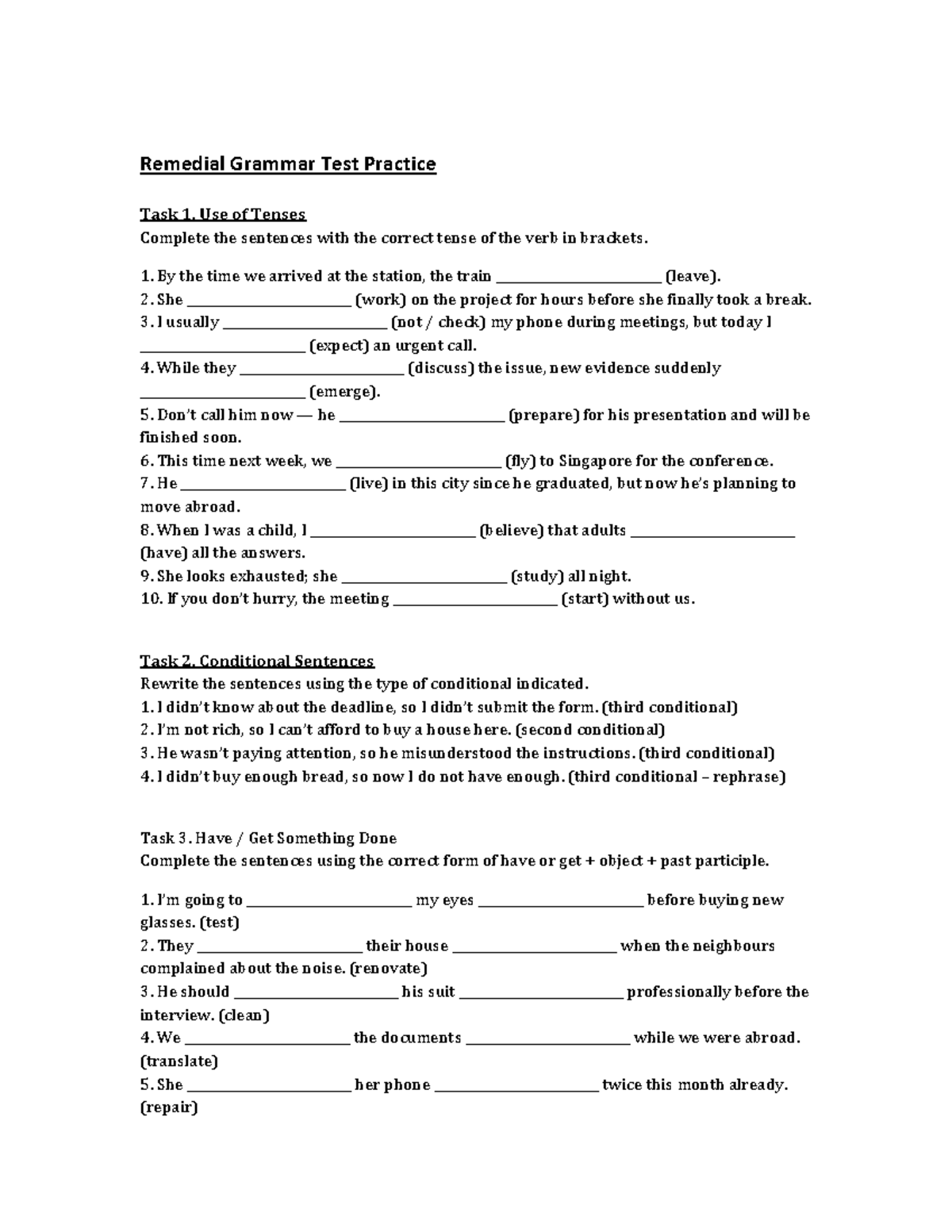 Remedial Grammar Test Practice (Jan 2026) - Tenses & Conditionals - Studocu