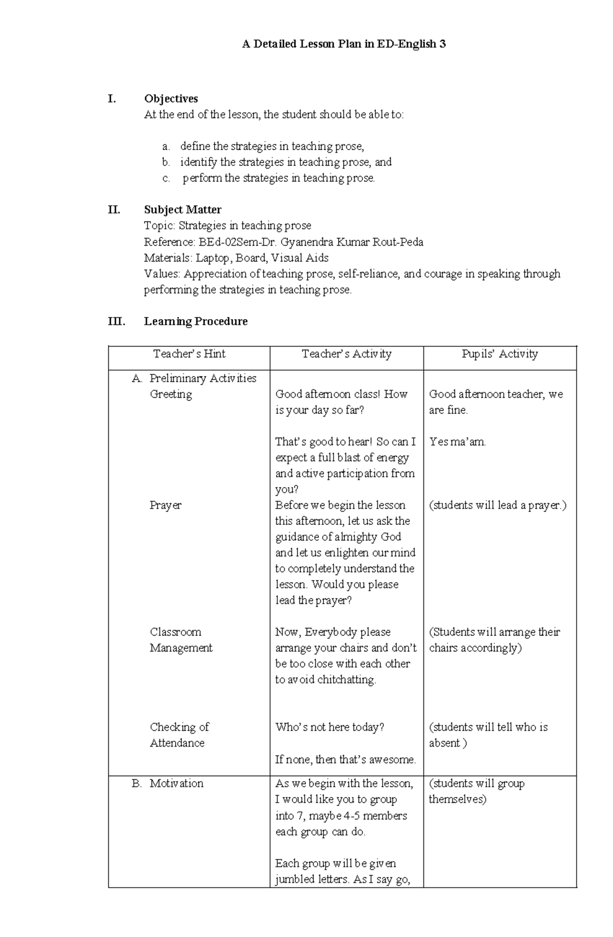 ED-English 3: Detailed Lesson Plan on Teaching Prose Strategies - Studocu