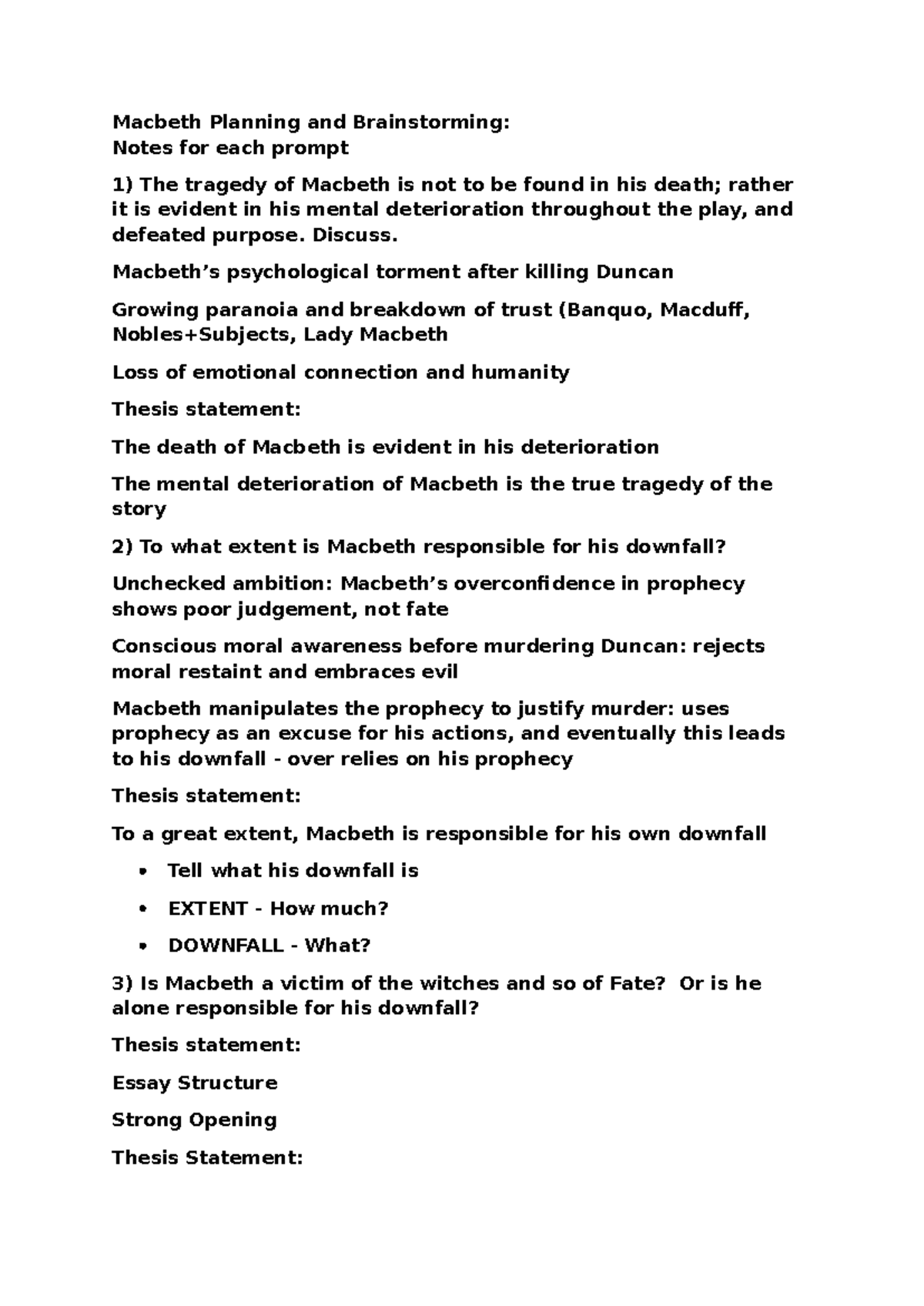 Macbeth (ENG101): Planning & Brainstorming for Essay Prompts - Studocu