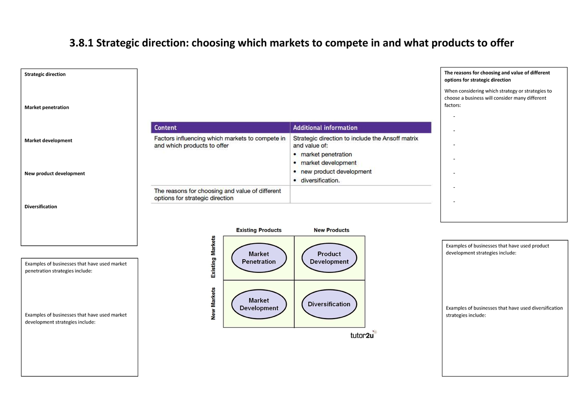 3.8.1 Strategic Direction Review Sheet: Market Strategies Overview ...