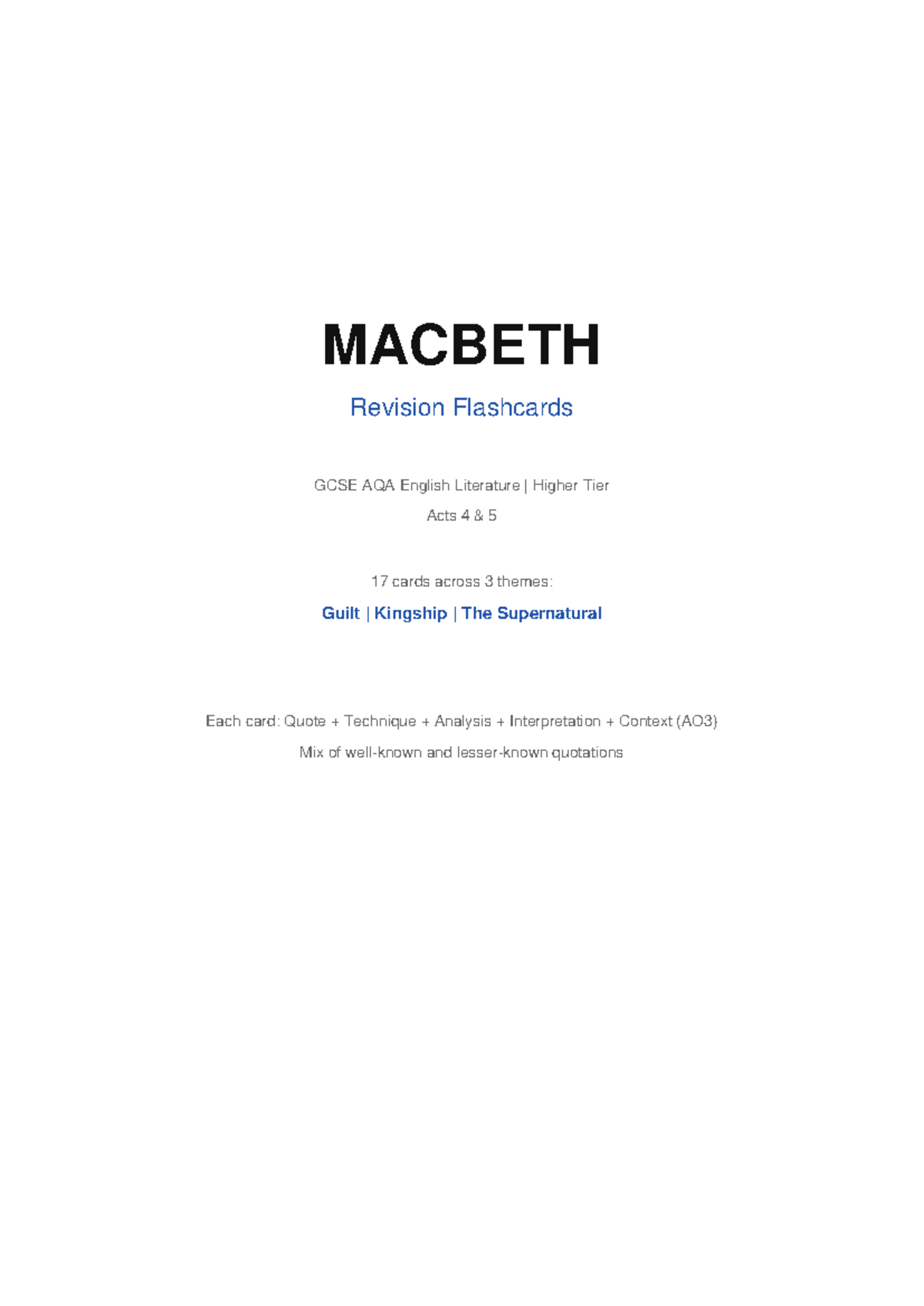 Macbeth Revision Flashcards: GCSE AQA English Lit - Acts 4 & 5 - Studocu