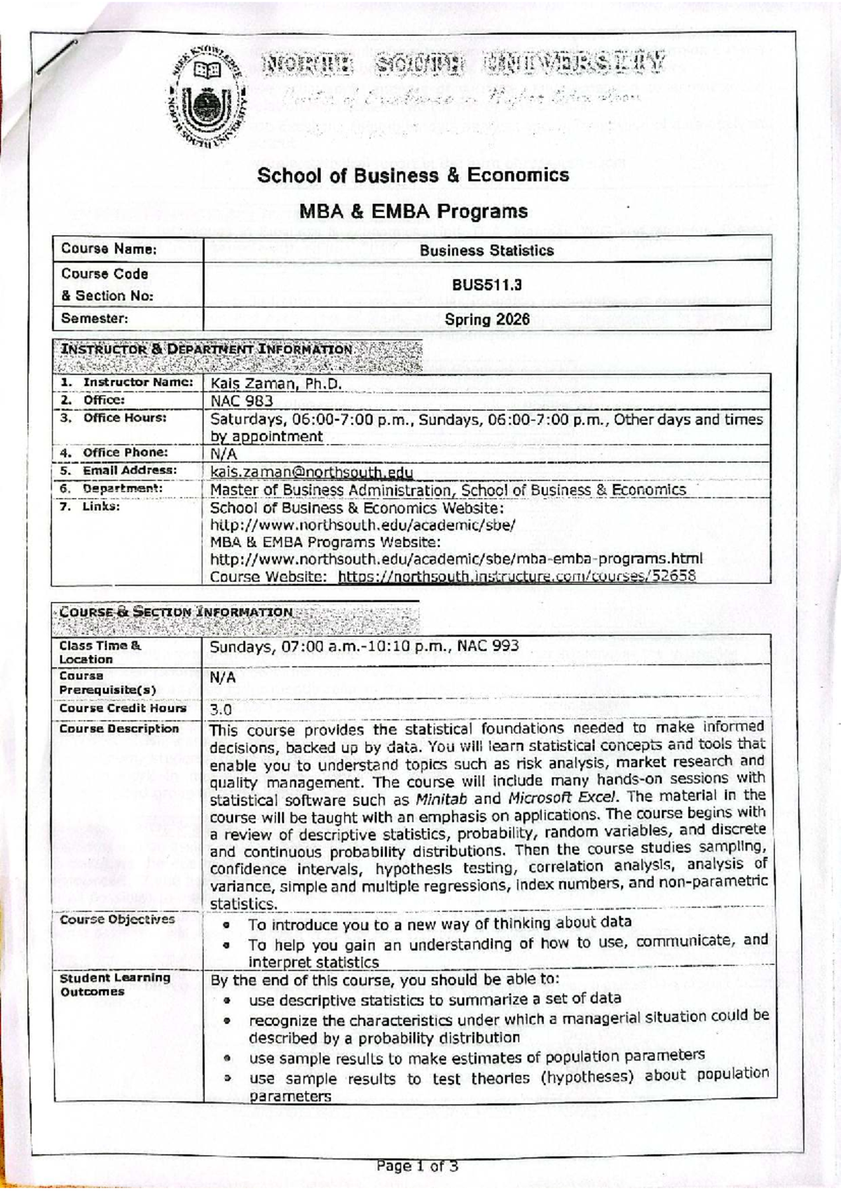 BUS511 Business Statistics Course Outline - Spring 2026 - Studocu