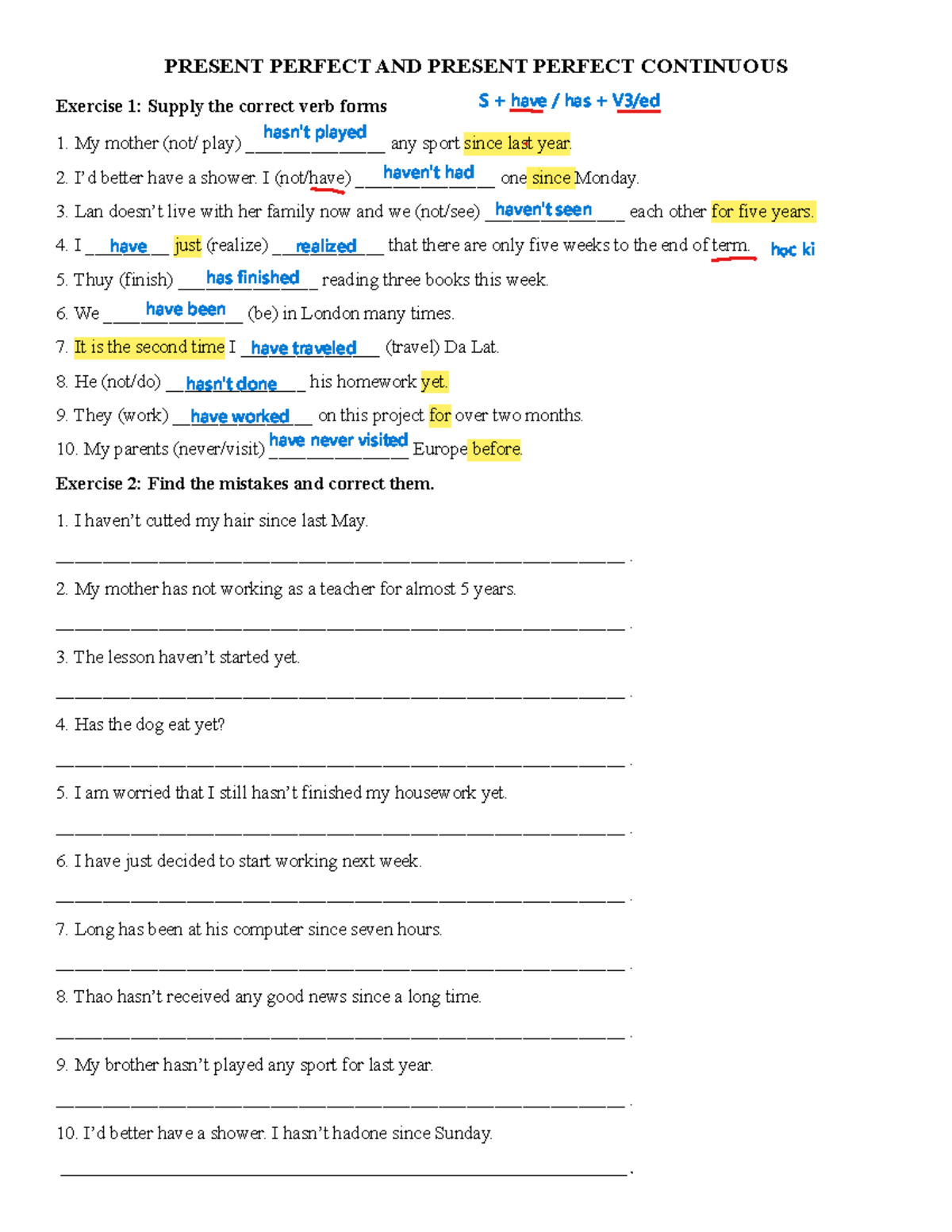 Present Perfect (BẢO) - Extra Homework Exercises and Solutions - Studocu