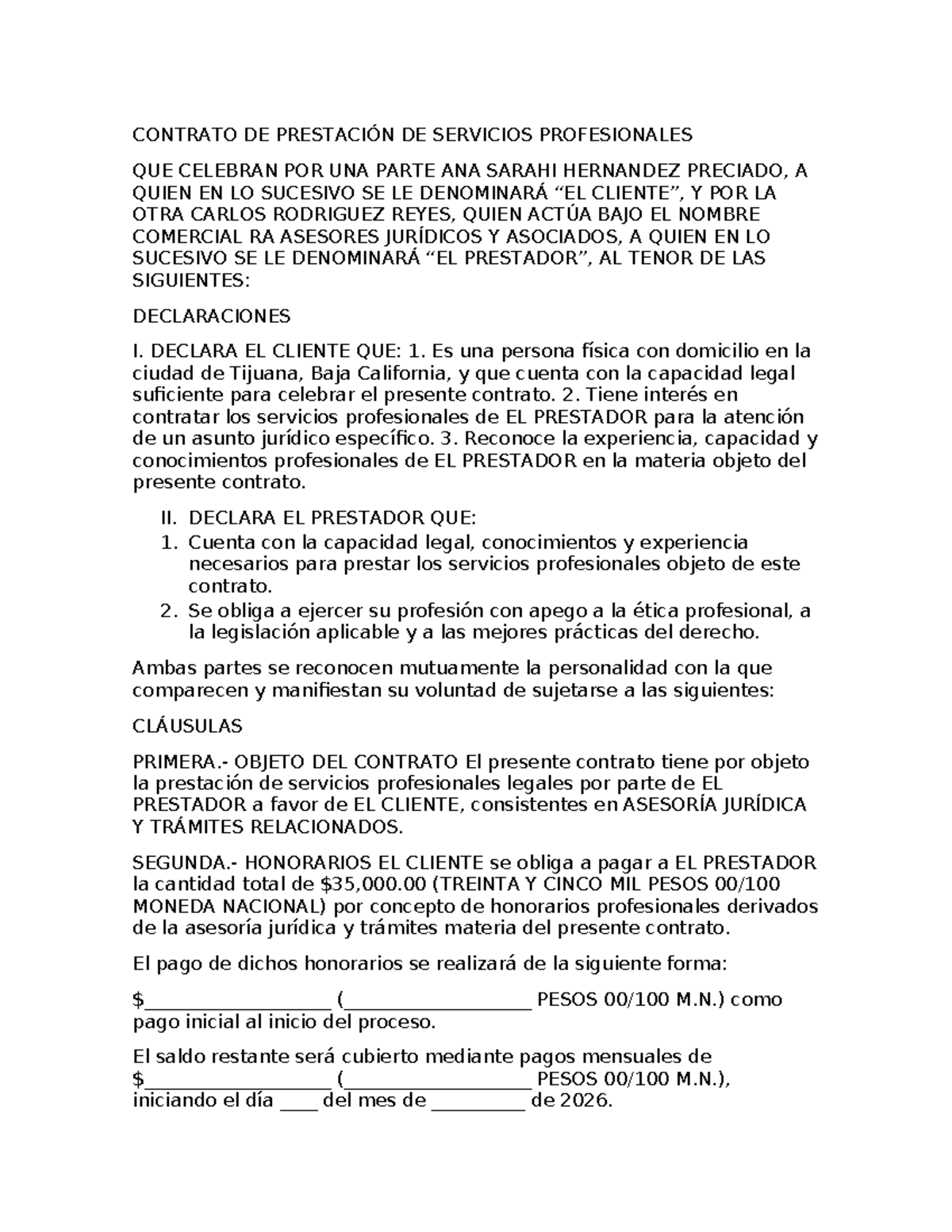 Contrato de Prestación de Servicios Profesionales - ANA Preciado - Studocu