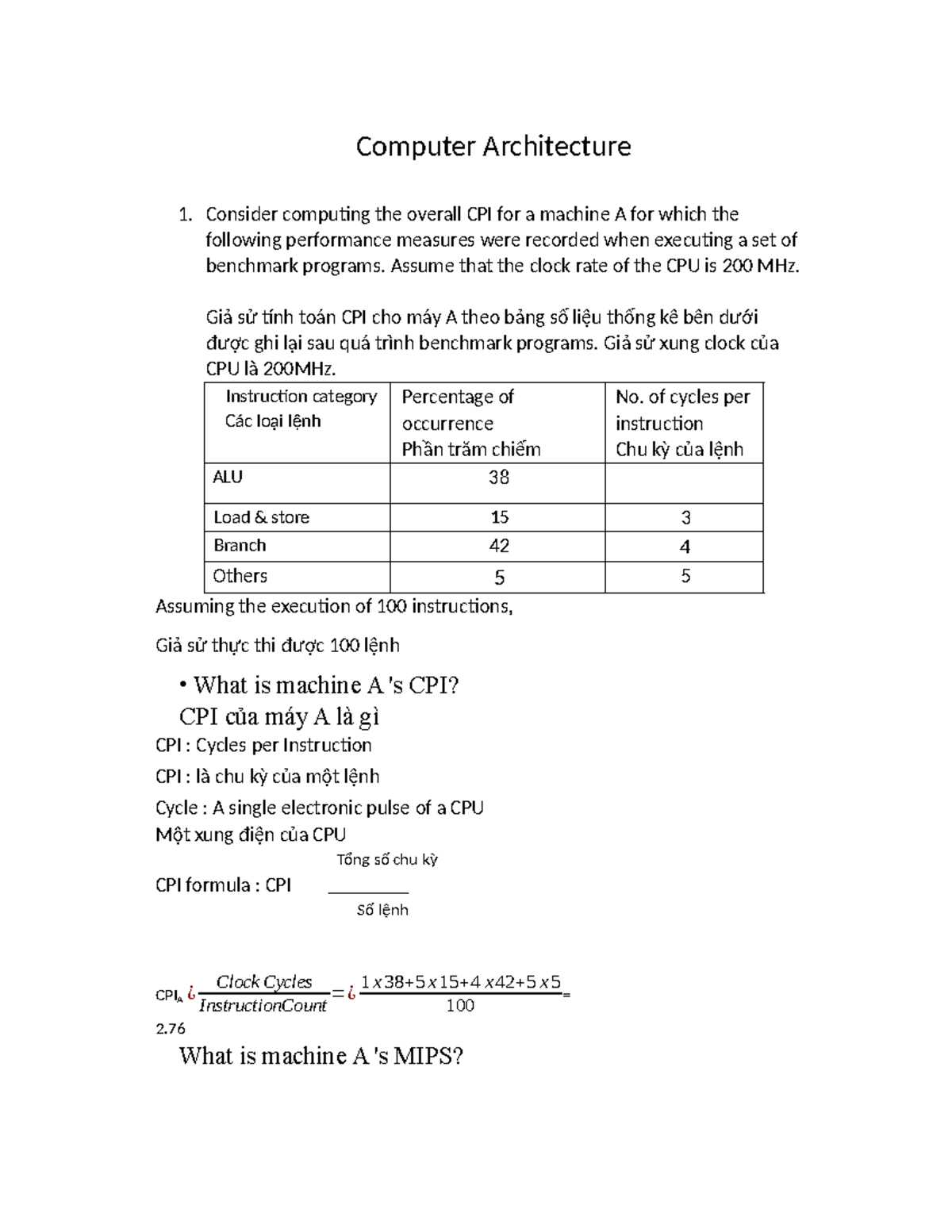 CPI and MIPS Calculations for Computer Architecture 1 - Studocu
