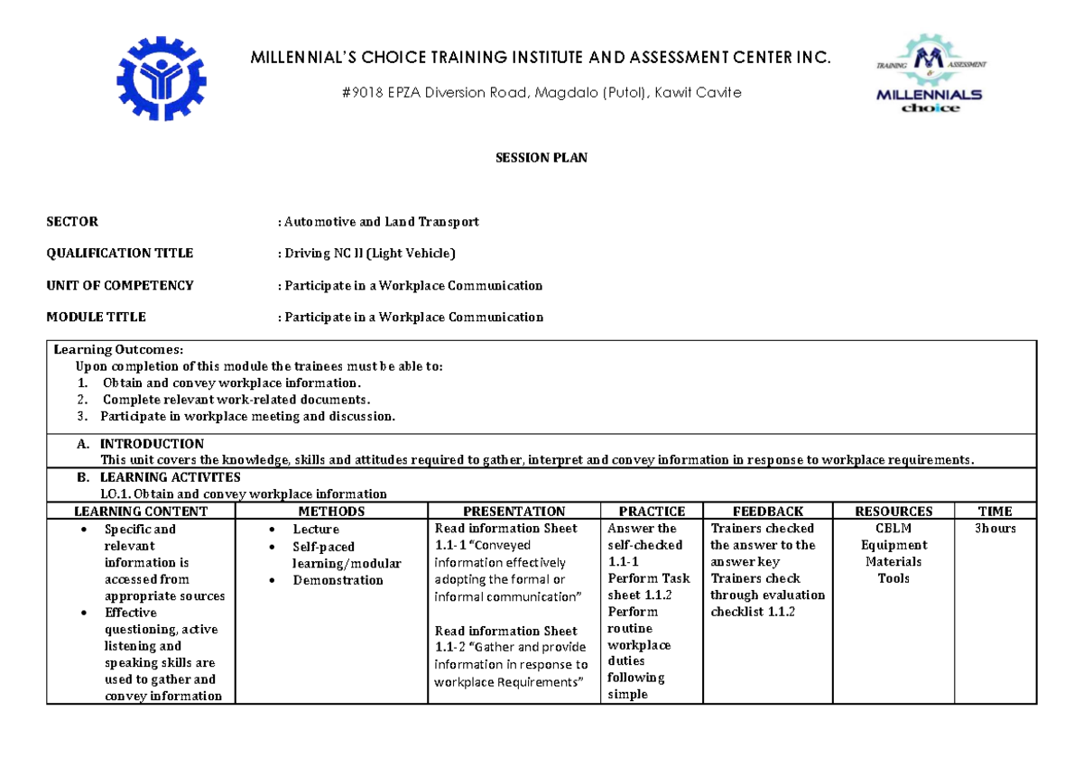 Session Plan for Driving NC II: Workplace Communication & Teamwork ...