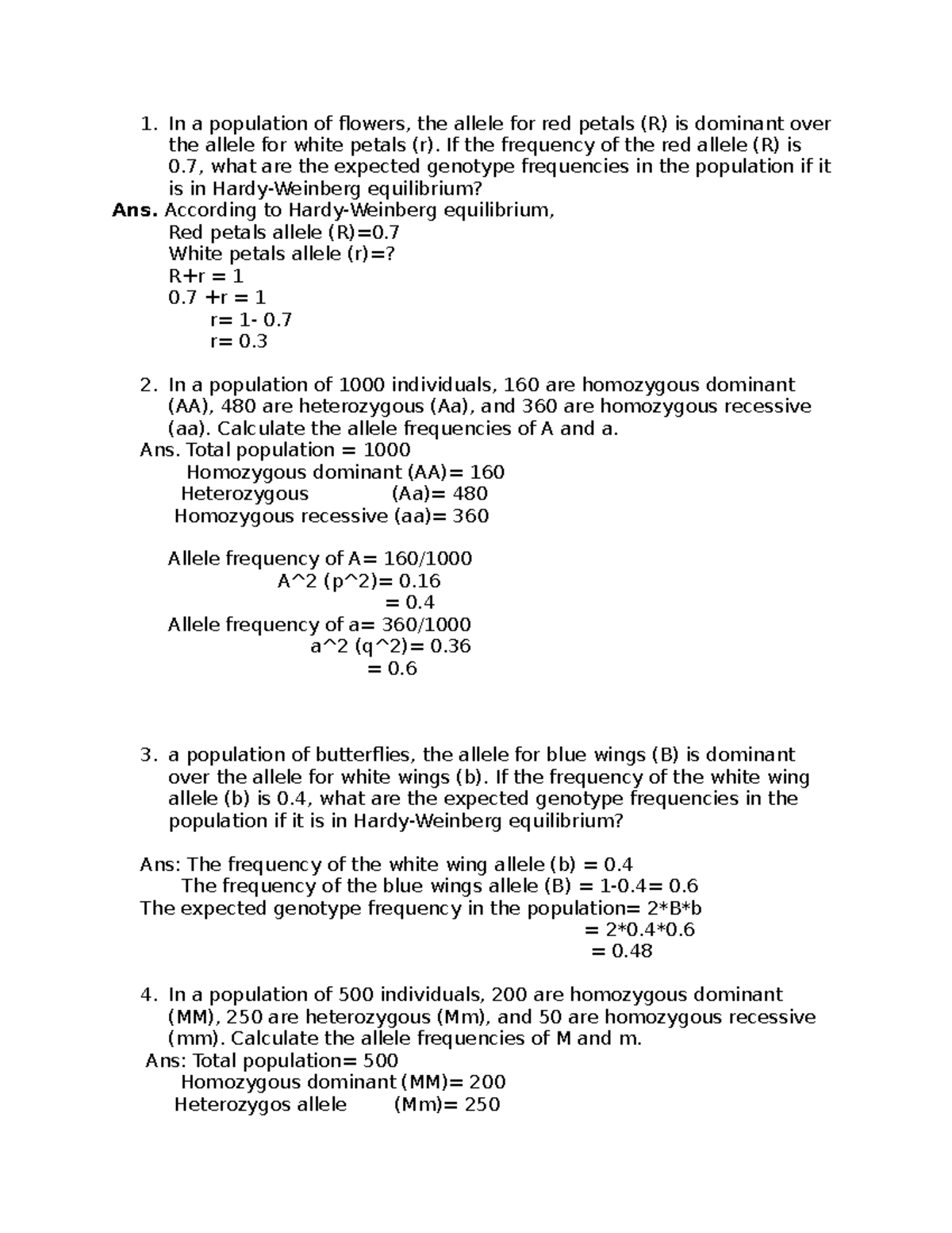Population Genetics Problems: Hardy-Weinberg Equilibrium Cases - Studocu