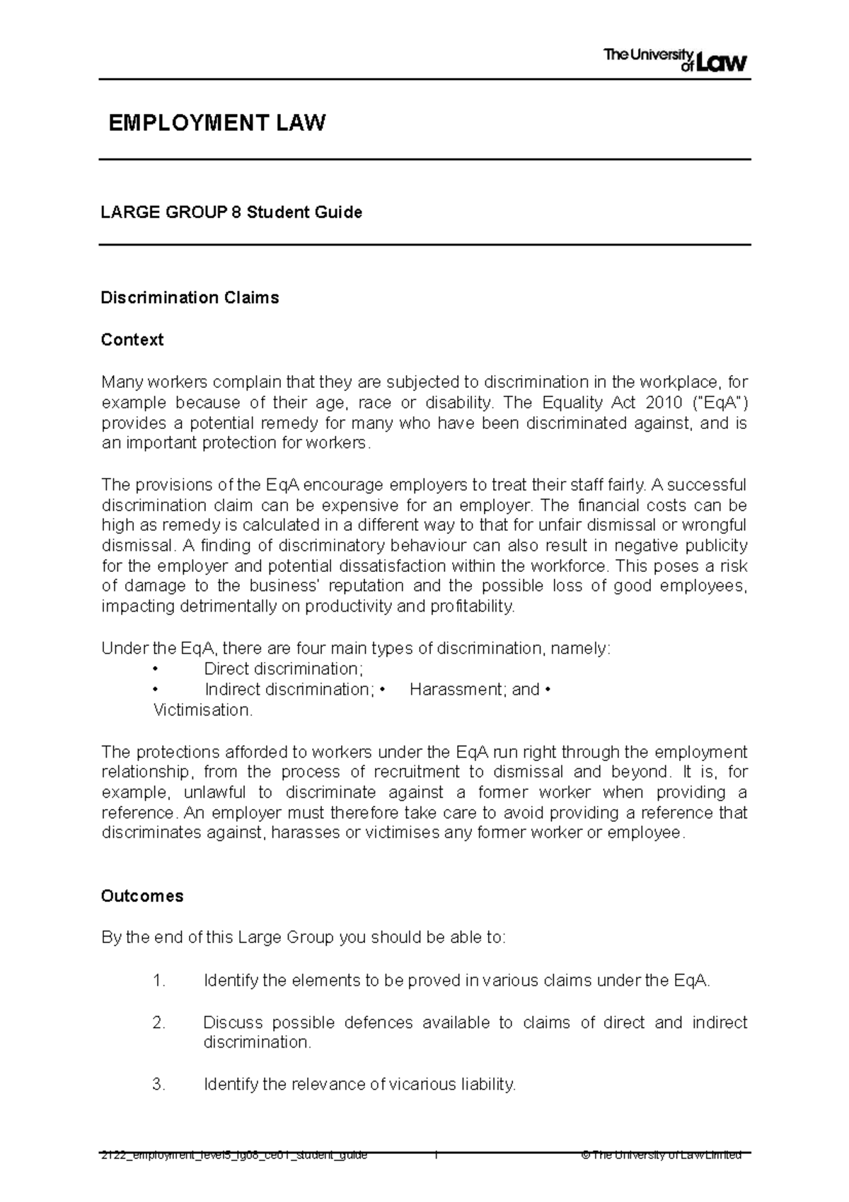 Discrimination claims - EMPLOYMENT LAW LARGE GROUP 8 Student Guide ...