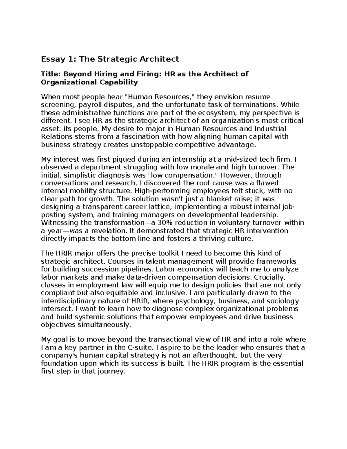 HRIR Essay 1: The Strategic Role of HR in Organizational Success - Studocu