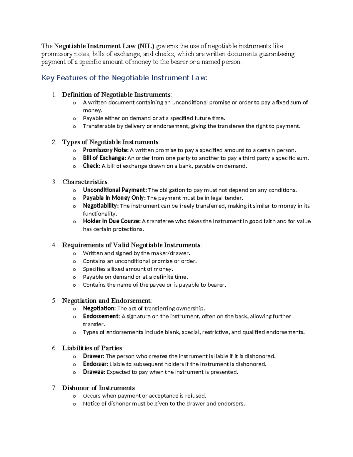 Negotiable Instrument Law - Key Features of the Negotiable Instrument ...