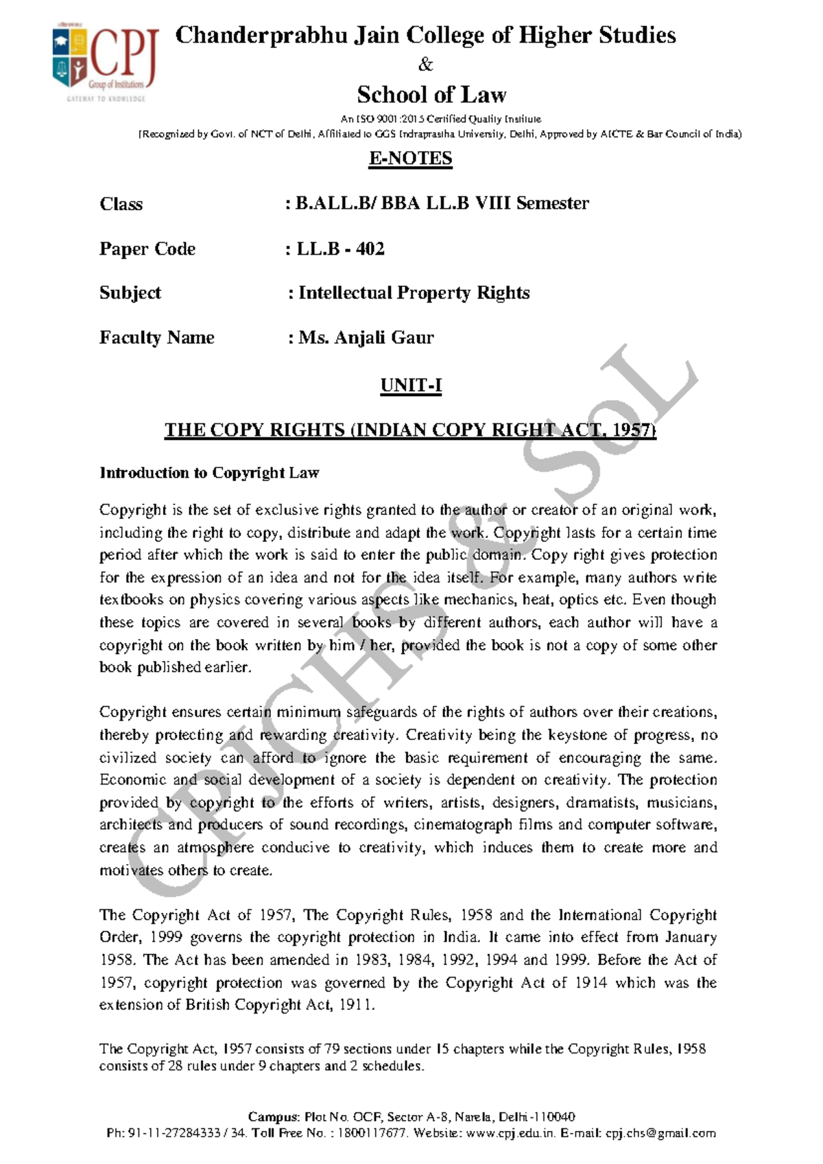 Intellectual Property Rights Overview - LL.B 402 - Unit I Notes - Studocu