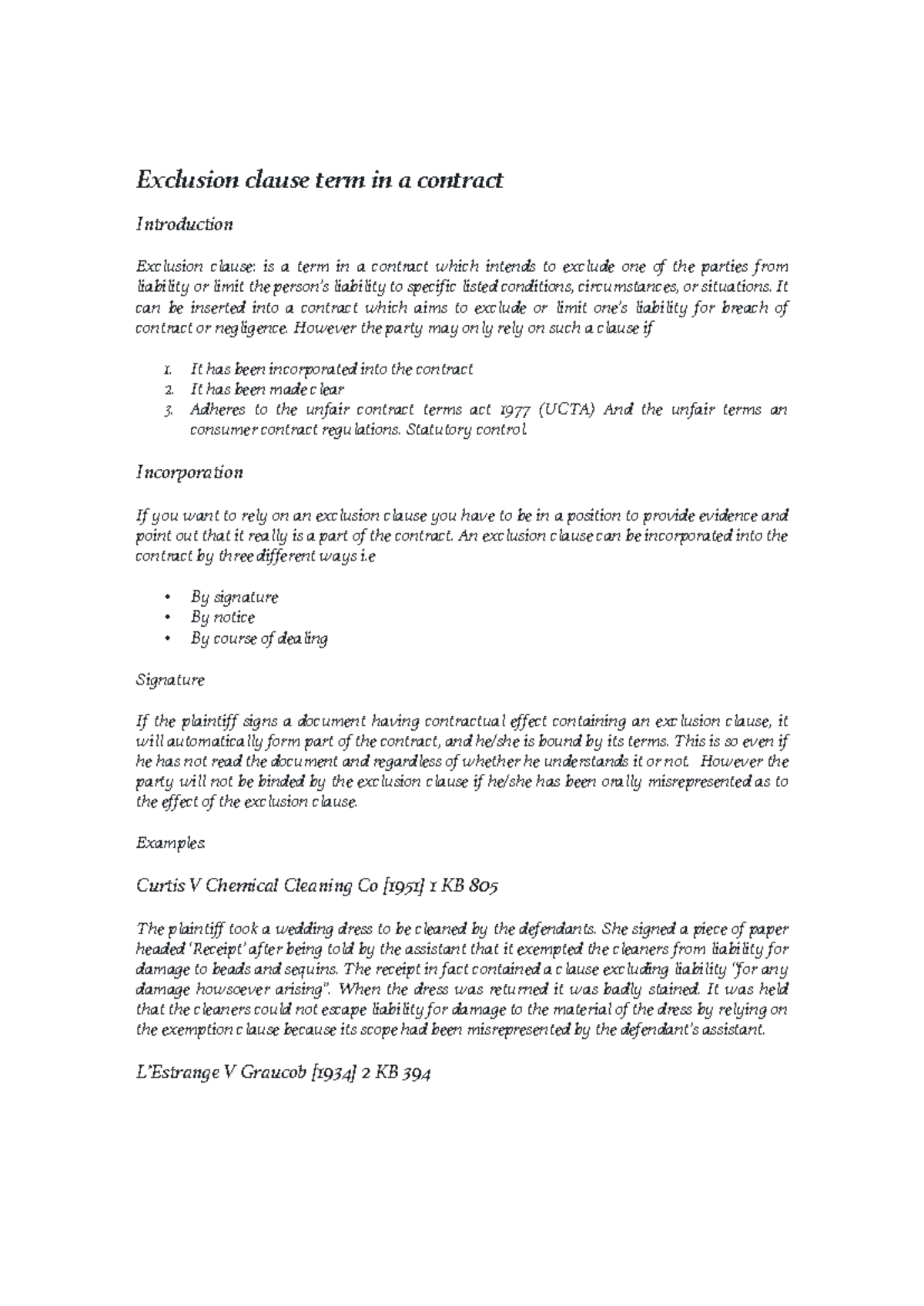 Exclusion clause note - It can be inserted into a contract which aims ...